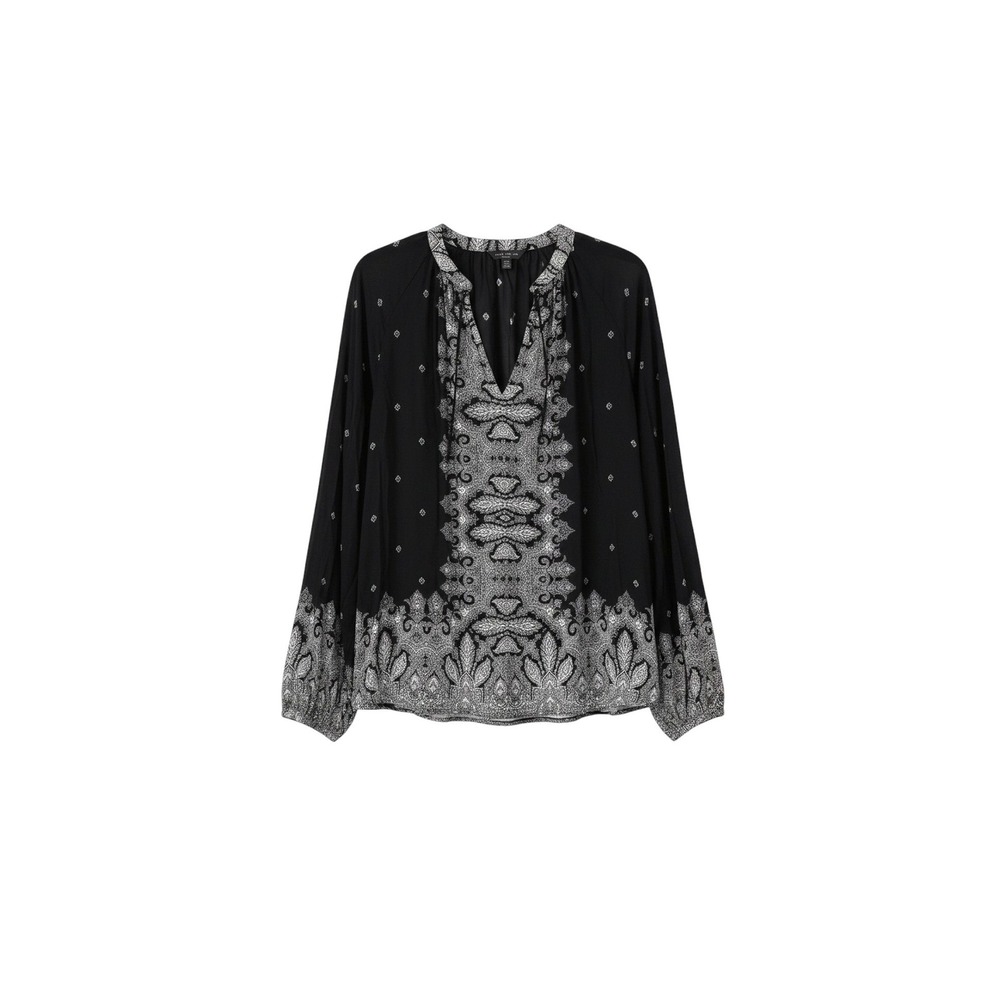 Lucky Brand Paisley Printed Peasant Blouse Black & White Tassels Long Sleeves M
